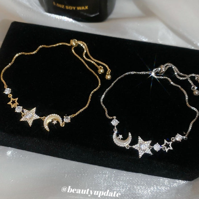 18K Gold Plated Copper Star Moon Zircon Adjustable Bangle Korean Light Luxury Jewelry