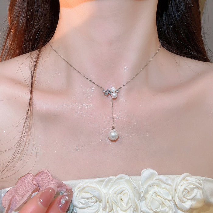 French Elegant Minimalist Geometric Zircon Faux Pearl Tassel Necklace For Women