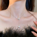 French Elegant Minimalist Geometric Zircon Faux Pearl Tassel Necklace For Women view 3