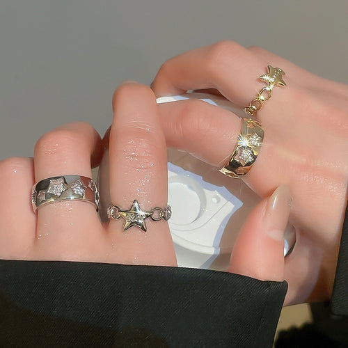 Minimalist Copper Zircon Geometric Star Open Ring Two Piece Fashion Index Finger Jewelry