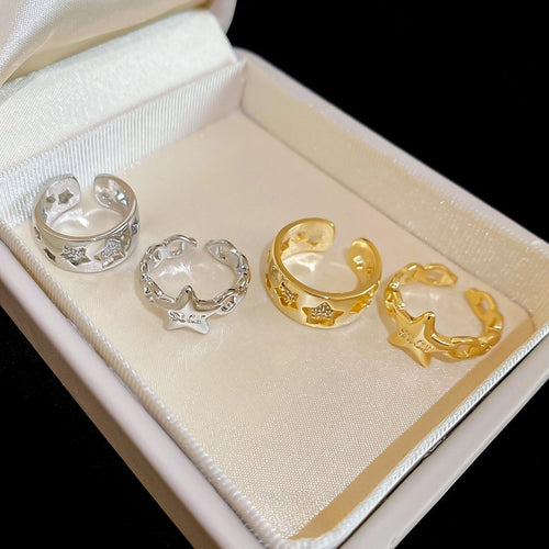 Minimalist Copper Zircon Geometric Star Open Ring Two Piece Fashion Index Finger Jewelry
