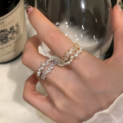 14K Gold Plated Korean Style Double Layer Zircon Pearl Open Geometric Index Ring