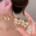 Metal Floral Round Hoop Earrings With Silver Posts, Vintage Light Luxury Statement Style view 1