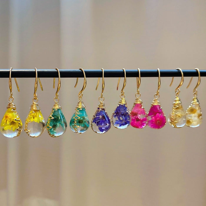 Handmade Dried Flower Resin Teardrop Drop Earrings, Elegant Niche Floral Ear Hook Jewelry