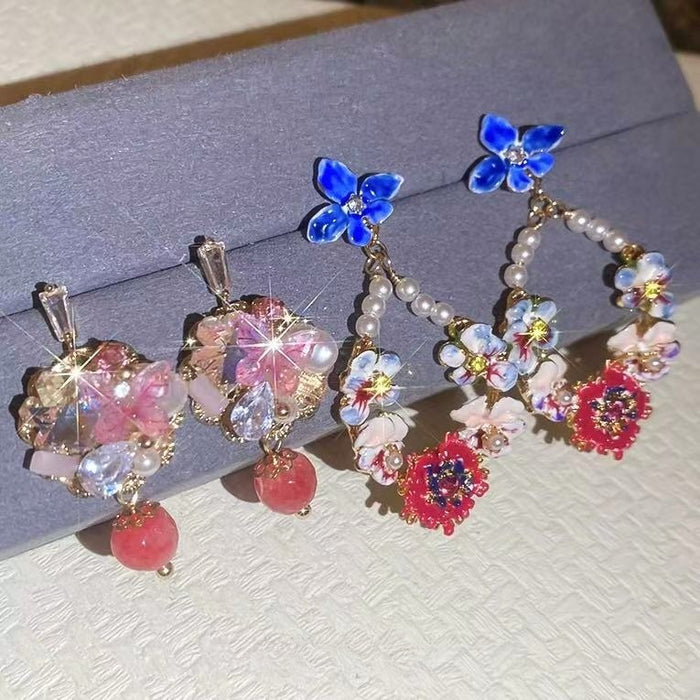 Sweet Korean Style Copper Zircon Geometric Flower Stud Earrings With Silver Posts