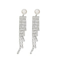Light Luxury Copper Geometric Zircon Pearl Tassel Drop Earrings With Silver Posts view 5