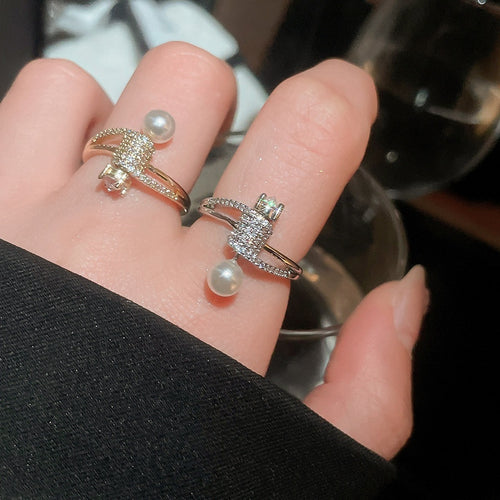 Korean Japanese Style Geometric Open Ring With Faux Pearl And Zircon For Women