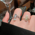 Korean Japanese Style Geometric Open Ring With Faux Pearl And Zircon For Women view 3