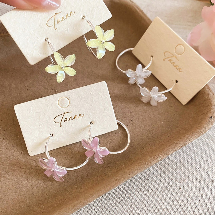 Resin Flower Hoop Earrings For Women Sweet Dopamine Style Versatile Light Luxury Jewelry
