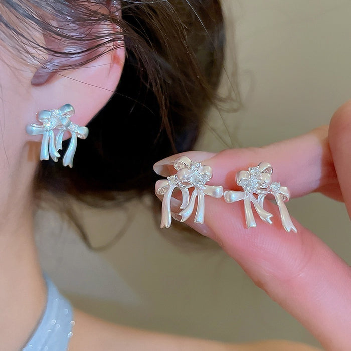 Copper Zircon Enamel Bow Stud Earrings Sweet Elegant Light Luxury Playful Style