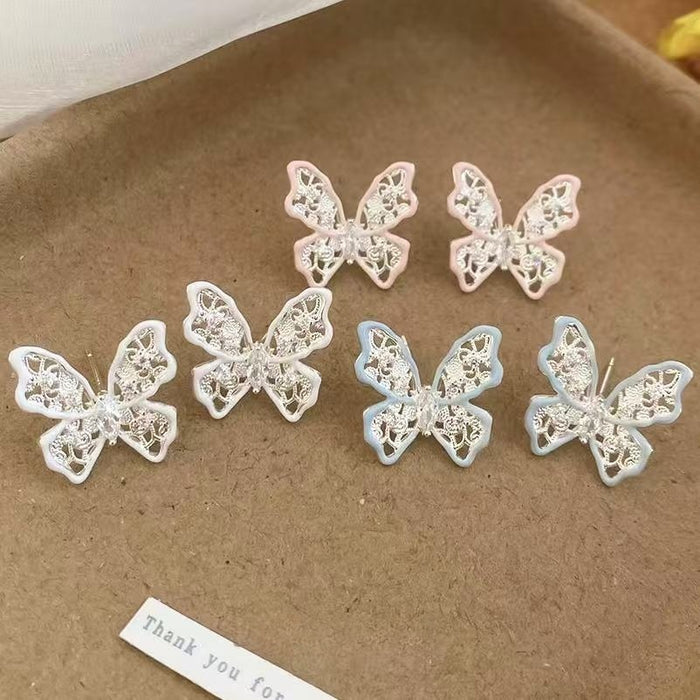 Light Luxury Copper Hollow Butterfly Zircon Enamel Stud Earrings With Silver Posts