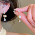 18K Gold Plated Silver Pin Zircon Flower Faux Pearl Stud Earrings New Chinese Style view 2