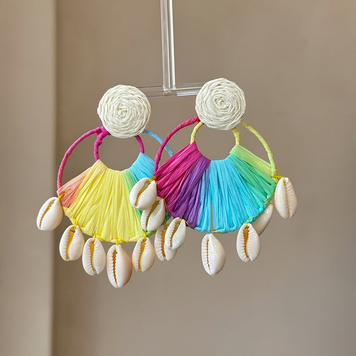 Raffia Woven Shell Stud Earrings For Women Round Geometric Beach Vacation Statement Style