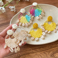 Raffia Woven Shell Stud Earrings For Women Round Geometric Beach Vacation Statement Style view 3