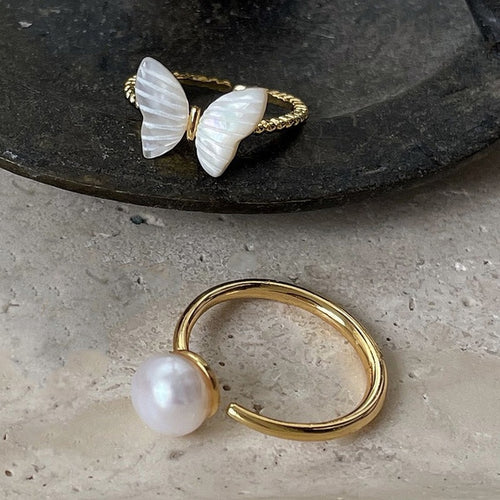 14K Gold Plated Mother Of Pearl Butterfly Adjustable Open Ring Vintage Elegant Shell Jewelry