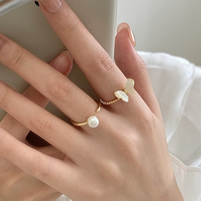 14K Gold Plated Mother Of Pearl Butterfly Adjustable Open Ring Vintage Elegant Shell Jewelry