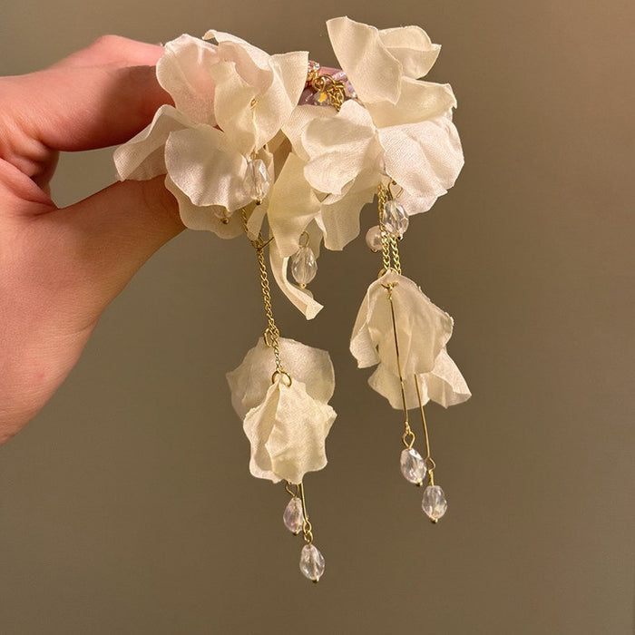 Fabric Flower Crystal Tassel Drop Earrings With Silver Pin Beach Vacation Style