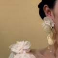 Fabric Flower Crystal Tassel Drop Earrings With Silver Pin Beach Vacation Style view 4