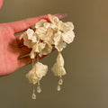 Fabric Flower Crystal Tassel Drop Earrings With Silver Pin Beach Vacation Style view 3