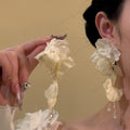 Fabric Flower Crystal Tassel Drop Earrings With Silver Pin Beach Vacation Style view 2