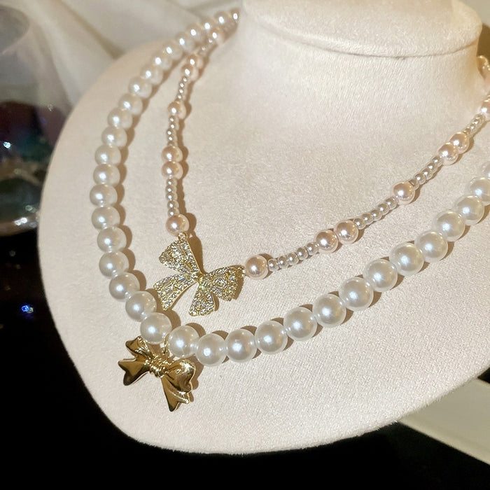 Old Money Style Faux Pearl Zircon Bow Necklace, Vintage Elegant Light Luxury Collarbone Jewelry