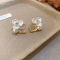 14K Gold Plated Copper Geometric Flower Pearl Stud Earrings With Rhinestone Elegant Style view 4
