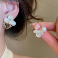 14K Gold Plated Copper Geometric Flower Pearl Stud Earrings With Rhinestone Elegant Style view 1