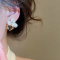 14K Gold Plated Copper Geometric Flower Pearl Stud Earrings With Rhinestone Elegant Style view 3