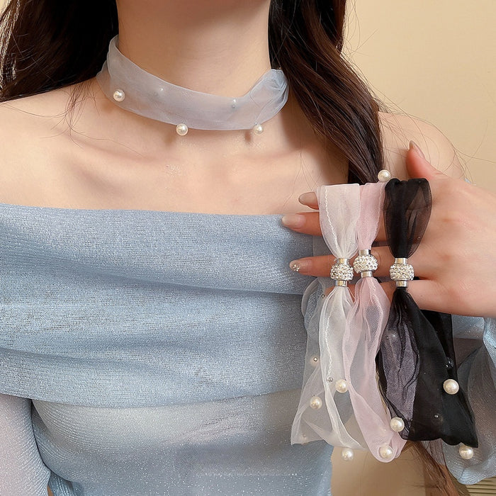 Old Money Style Faux Pearl Necklace With Rhinestone Mesh Magnetic Clasp Geometric Round Choker