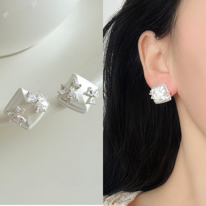 Light Luxury Copper Bowknot Zircon Square Geometric Stud Earrings For Women