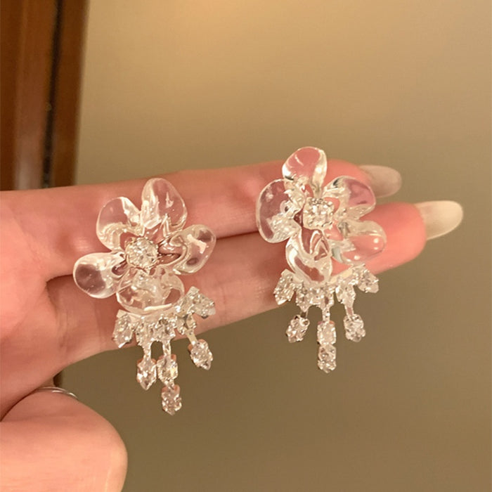 Resin Flower Zircon Tassel Two Way Drop Earrings With Silver Pin Fashion OL Style