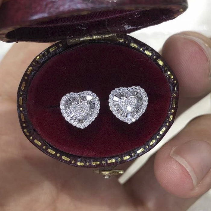 Sweet Heart Shaped Full Zircon Stud Earrings, Light Luxury Everyday Versatile Jewelry