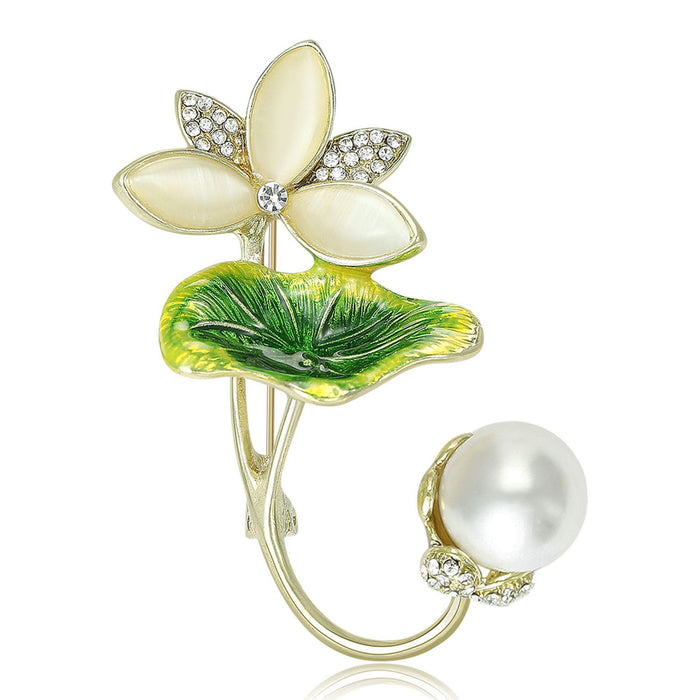 Alloy Enamel Lotus Pearl Brooch Pin For Women Coats