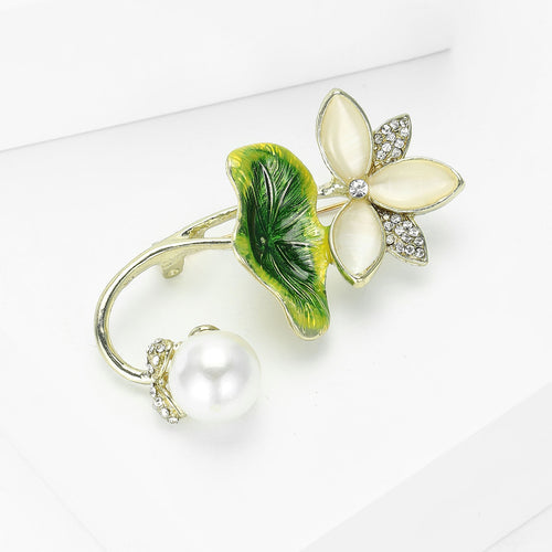 Alloy Enamel Lotus Pearl Brooch Pin For Women Coats