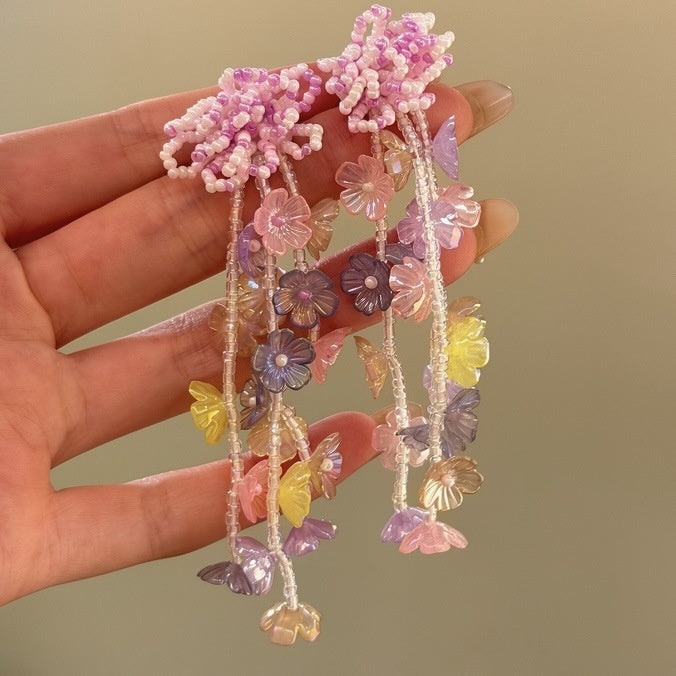 Artificial Crystal Colorful Floral Beaded Tassel Drop Earrings Vacation Style Silver Needle Jewelry