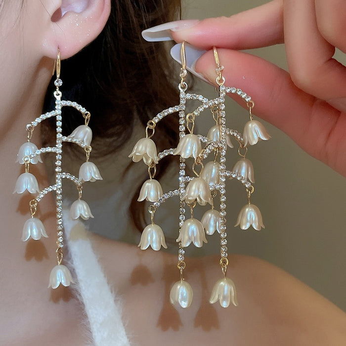French Vintage Copper Rhinestone Leaf Flower Tassel Drop Earrings Elegant Palace Style