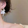 Elegant Floral Petal Faux Pearl Tassel Drop Earrings With Silver Needle Posts view 3