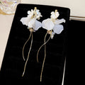 Elegant Floral Petal Faux Pearl Tassel Drop Earrings With Silver Needle Posts view 2