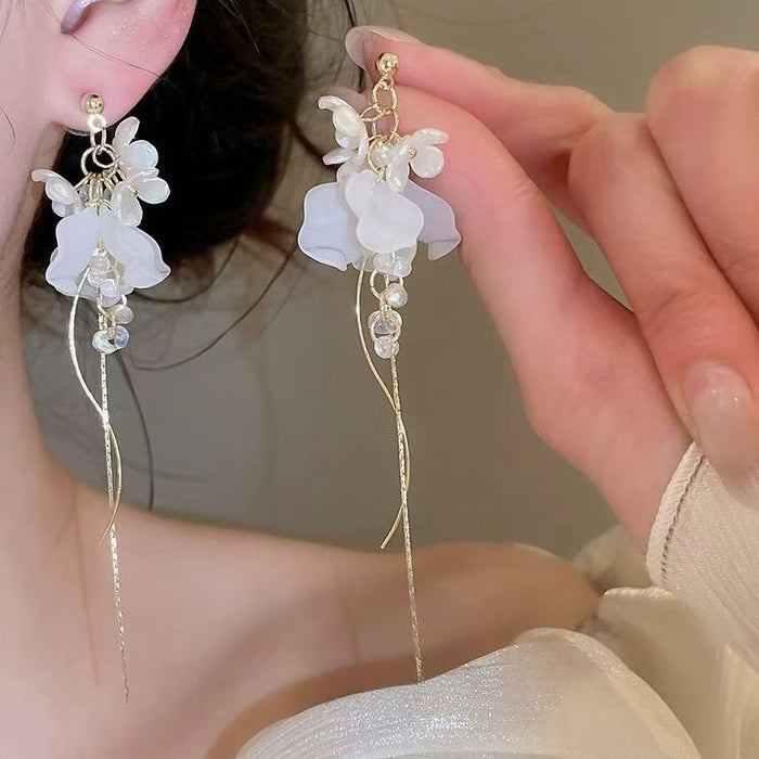 Elegant Floral Petal Faux Pearl Tassel Drop Earrings With Silver Needle Posts