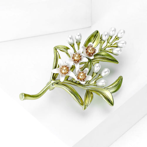 Alloy Enamel Pearl Jasmine Flower Brooch For Clothing Decoration