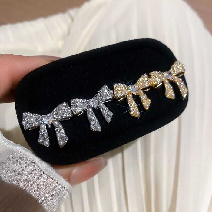 18K Gold Plated Silver Needle Zircon Bow Faux Pearl Stud Earrings Light Luxury Office Jewelry