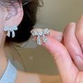 18K Gold Plated Silver Needle Zircon Bow Faux Pearl Stud Earrings Light Luxury Office Jewelry view 4