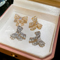 18K Gold Plated Silver Needle Zircon Bow Faux Pearl Stud Earrings Light Luxury Office Jewelry view 3