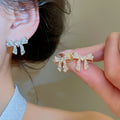 18K Gold Plated Silver Needle Zircon Bow Faux Pearl Stud Earrings Light Luxury Office Jewelry view 2