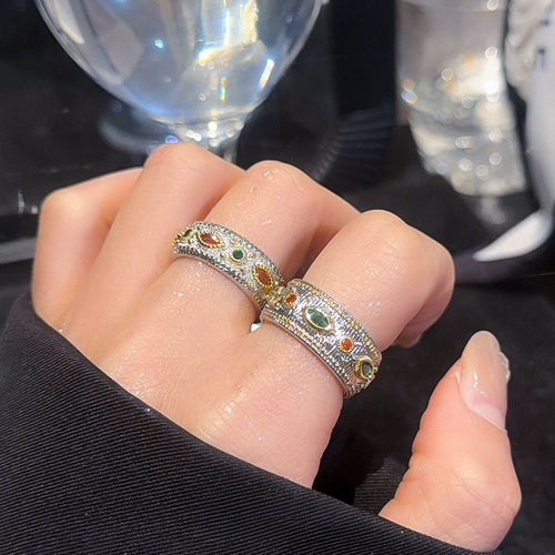 Vintage Palace Style Copper Open Ring With Zircon Texture And Geometric Round Design