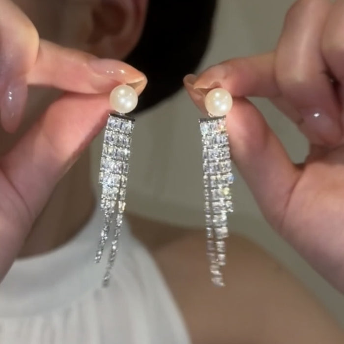Palace Style Geometric Faux Pearl Zircon Tassel Drop Earrings With Silver Pins