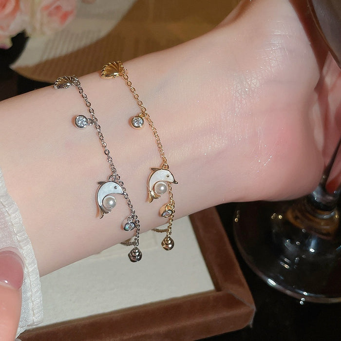 Korean Romantic Copper Bangle With Zircon Enamel Dolphin Starfish Charm Minimalist Jewelry