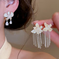 Light Luxury Silver Flower Tassel Copper Drop Earrings For Women Fashion OL Style Ear Jewelry view 2