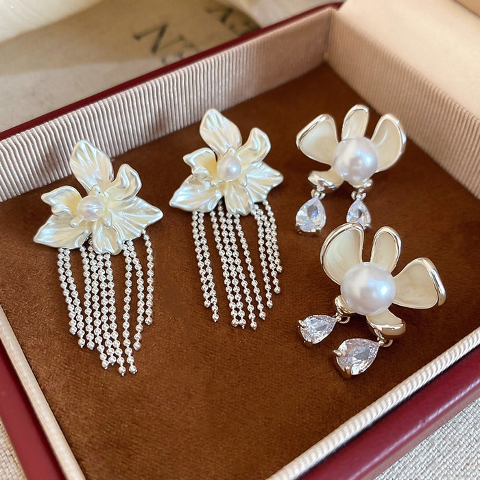 Light Luxury Silver Flower Tassel Copper Drop Earrings For Women Fashion OL Style Ear Jewelry
