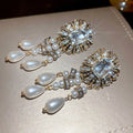Vintage Palace Style Faux Pearl Stud Earrings With Rhinestone Geometric Waterdrop Design view 4
